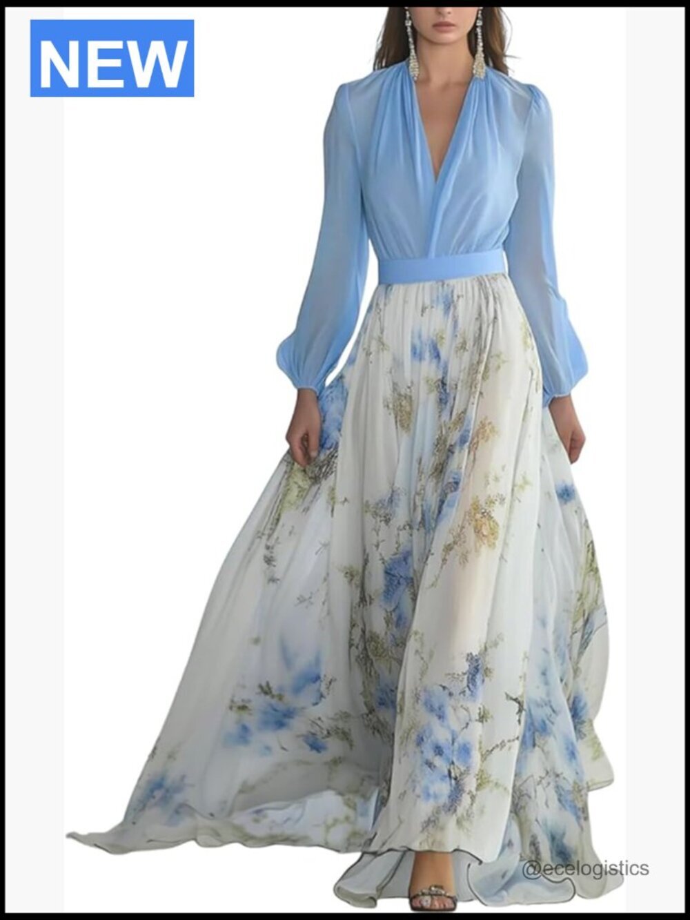 Casual Boho Floral Maxi Dress A-Line Flowy Long Sleeve Deep V Neck